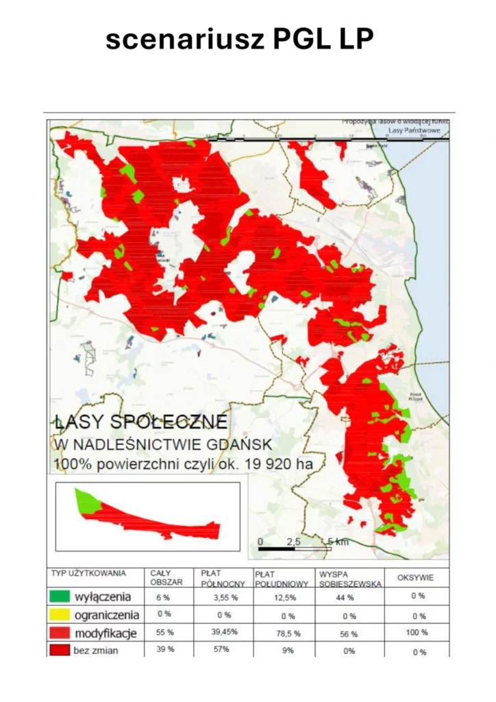 Mapa przedstawiająca proponowany przez Lasy Państwowe scenariusz Lasów Społecznych na terenie Trójmiejskiego Parku Krajobrazowego