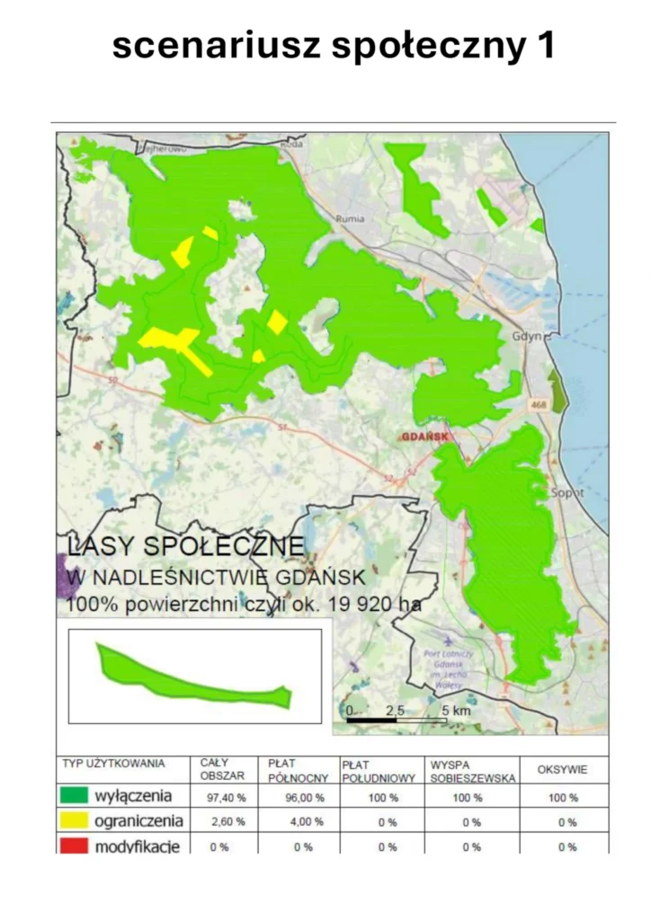 Mapa przedstawiająca proponowany scenariusz pierwszy Lasów Społecznych na terenie Trójmiejskiego Parku Krajobrazowego