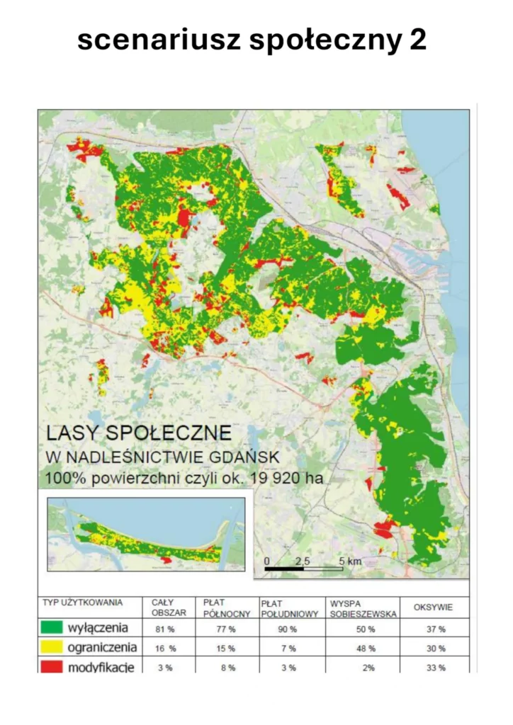 Mapa przedstawiająca proponowany scenariusz drugi Lasów Społecznych na terenie Trójmiejskiego Parku Krajobrazowego